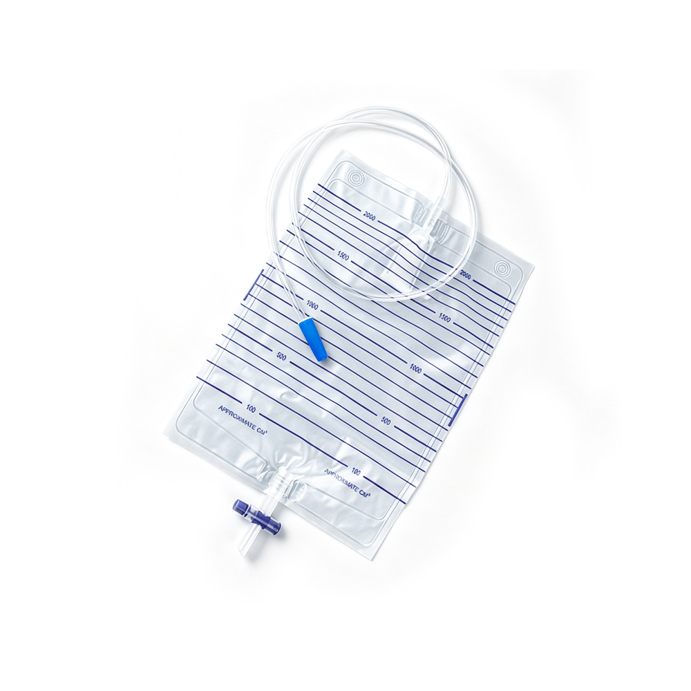 2000 ml steril och giftfri PVC-urinpåse av medicinsk kvalitet med tvärventil av T-typ